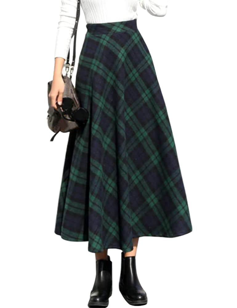 IDEALSANXUN Womens Plaid Wool Skirts Elastic Waist A-Line Pleated Tartan Long Skirts