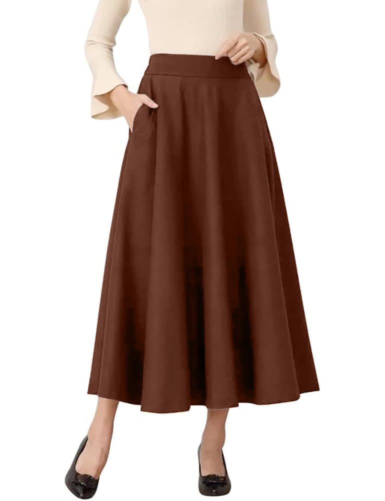 IDEALSANXUN Womens Plaid Wool Skirts Elastic Waist A-Line Pleated Tartan Long Skirts