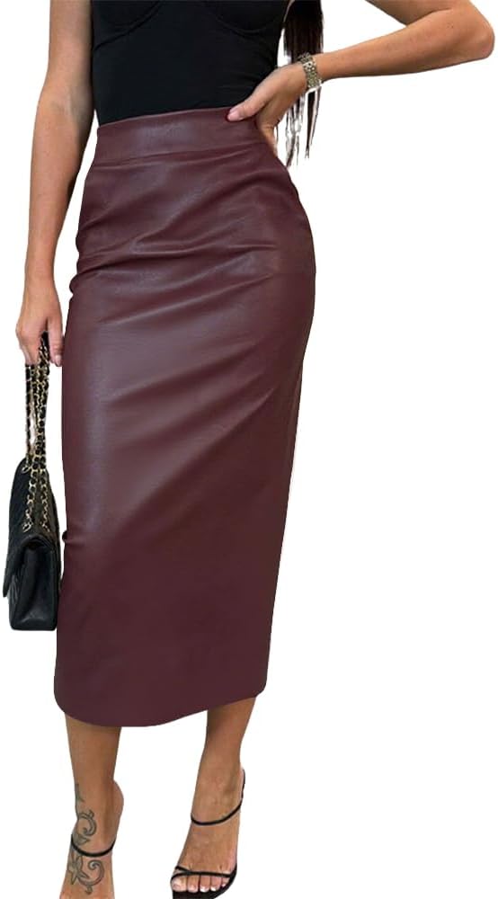utcoco Womens Long Faux Leather Skirt Bodycon High Waist Slim Pencil Midi Skirt