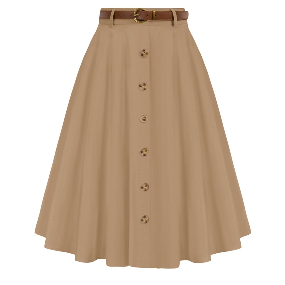 Belle Poque Women's Vintage Stretch High Waist A-Line Flared Midi Skirts with Pockets & Belts
