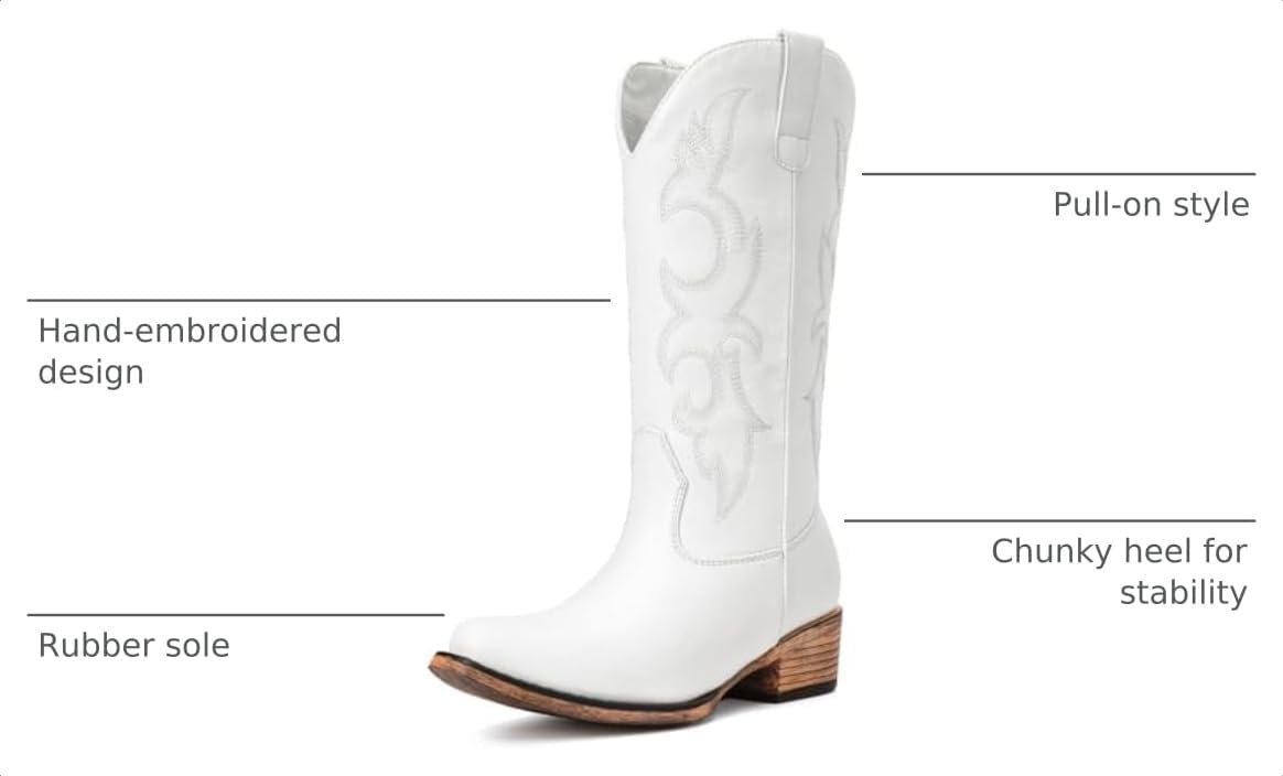 Choiran Cowboy Boots for Women - Mid Calf Cowgirl Boots Western Chunky Heel Pointed Toe Boot with Retro Embroidery, Country Concert Outfit Essentials for Rodeo Festival