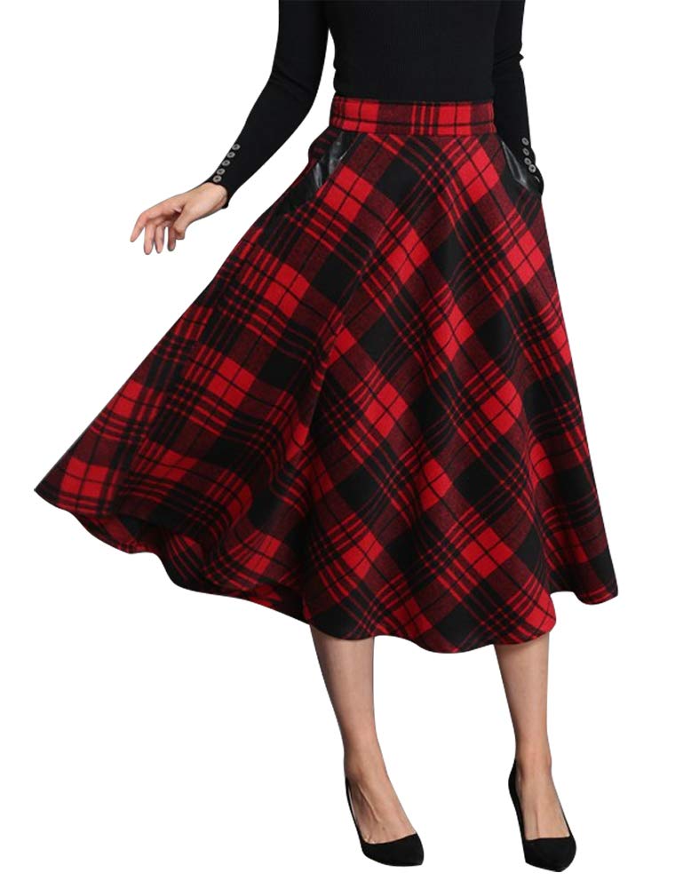 IDEALSANXUN Womens Plaid Wool Skirts Elastic Waist A-Line Pleated Tartan Long Skirts