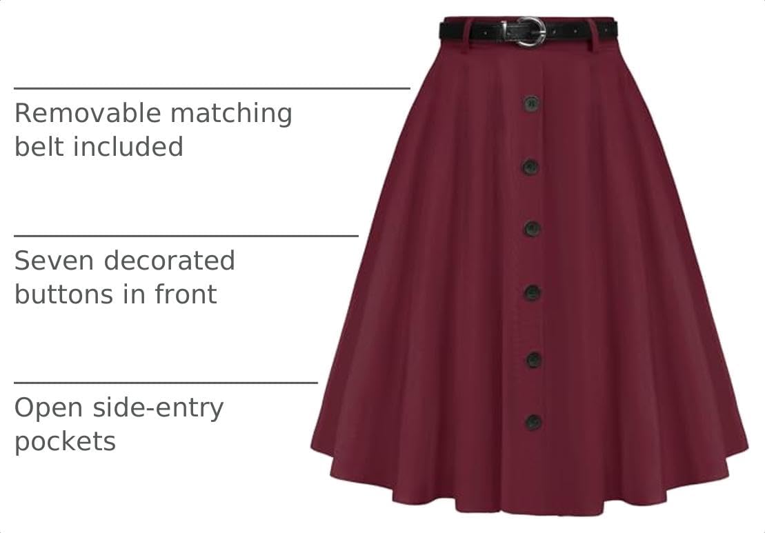 Belle Poque Women's Vintage Stretch High Waist A-Line Flared Midi Skirts with Pockets & Belts