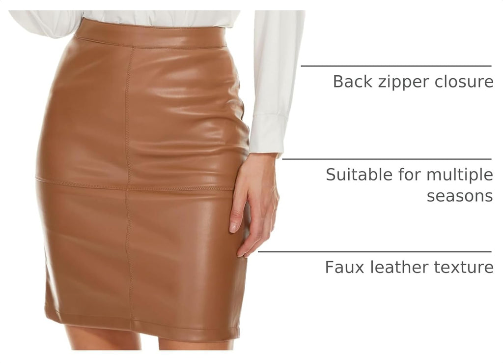 Fahsyee Womens Leather Skirt, Bodycon Faux Mini High Waist Casual Zip PU Slim Pencil Plus Size