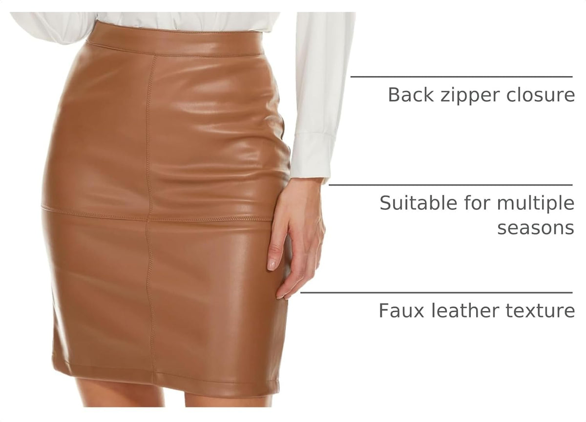 Fahsyee Womens Leather Skirt, Bodycon Faux Mini High Waist Casual Zip PU Slim Pencil Plus Size