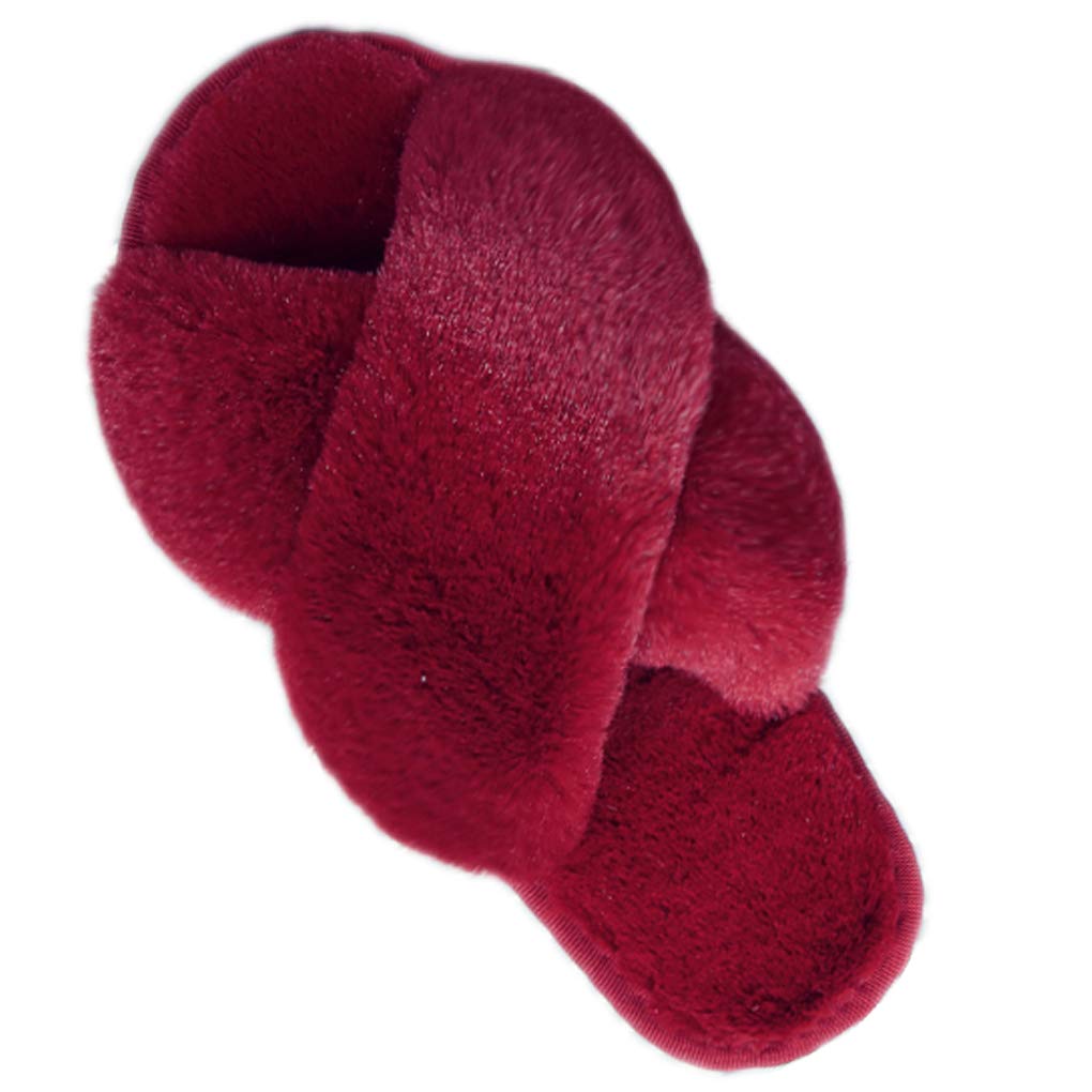 LZLER Women’s Cross Band Slippers, Soft Plush Fleece Lightweight Non Slip Open Toe Flip Flop Shoes House Indoor Outdoor Fur Fuzzy Slippers