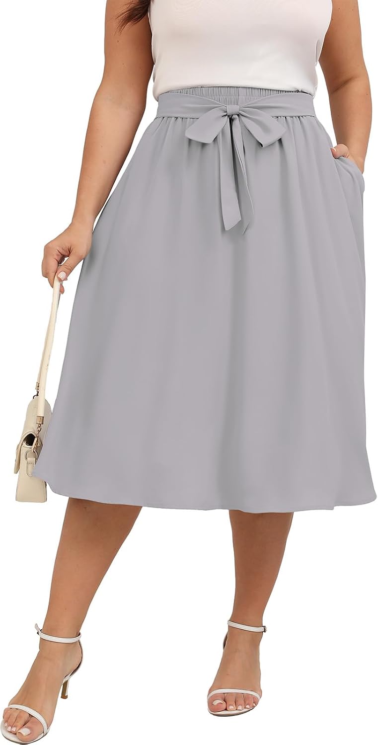 Xpenyo Womens Plus Size Midi Skirts Summer Elastic High Waisted Boho Casual Beach Flowy Swing Knee Length Skirts with Pockets