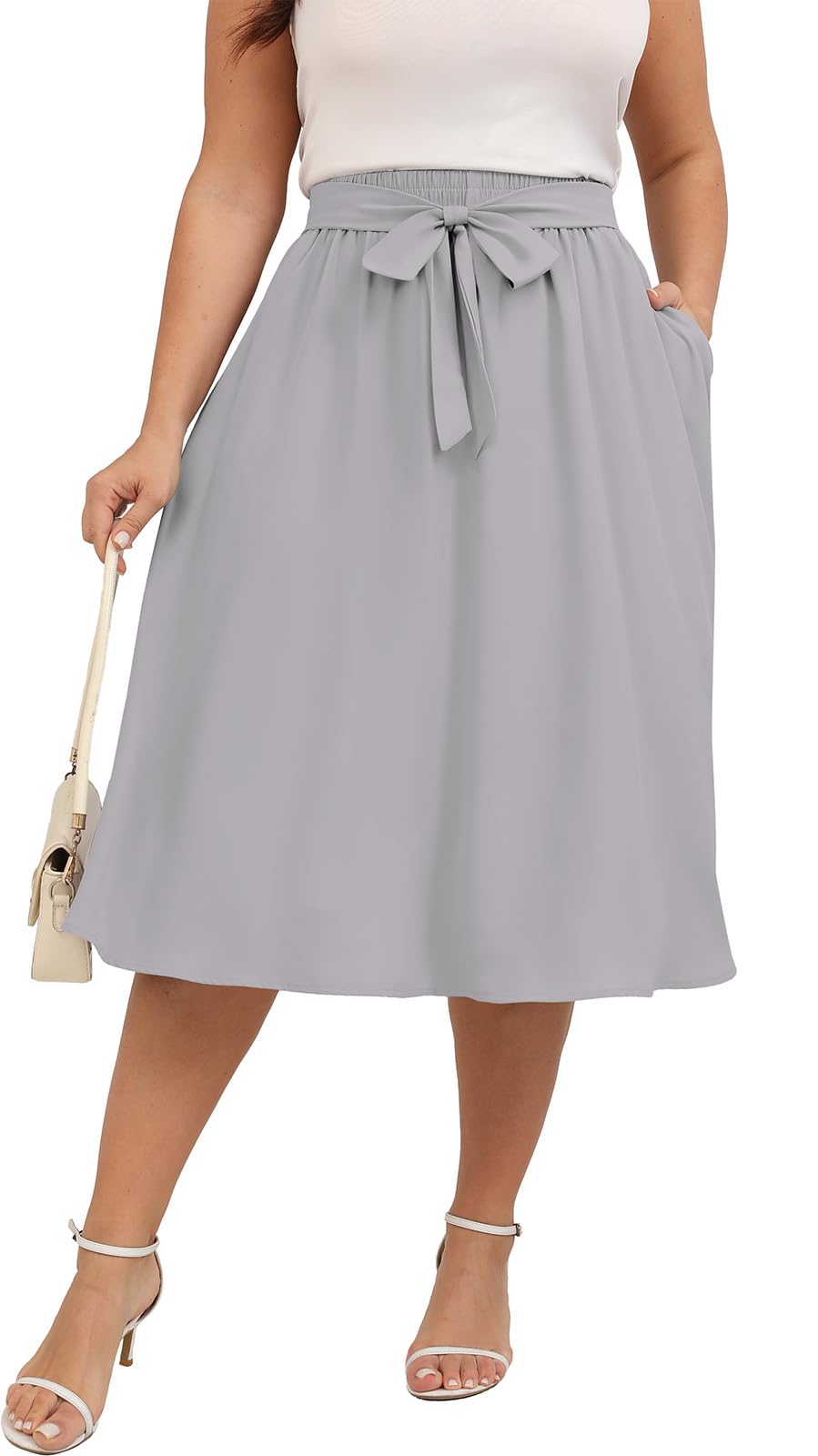 Xpenyo Womens Plus Size Midi Skirts Summer Elastic High Waisted Boho Casual Beach Flowy Swing Knee Length Skirts with Pockets