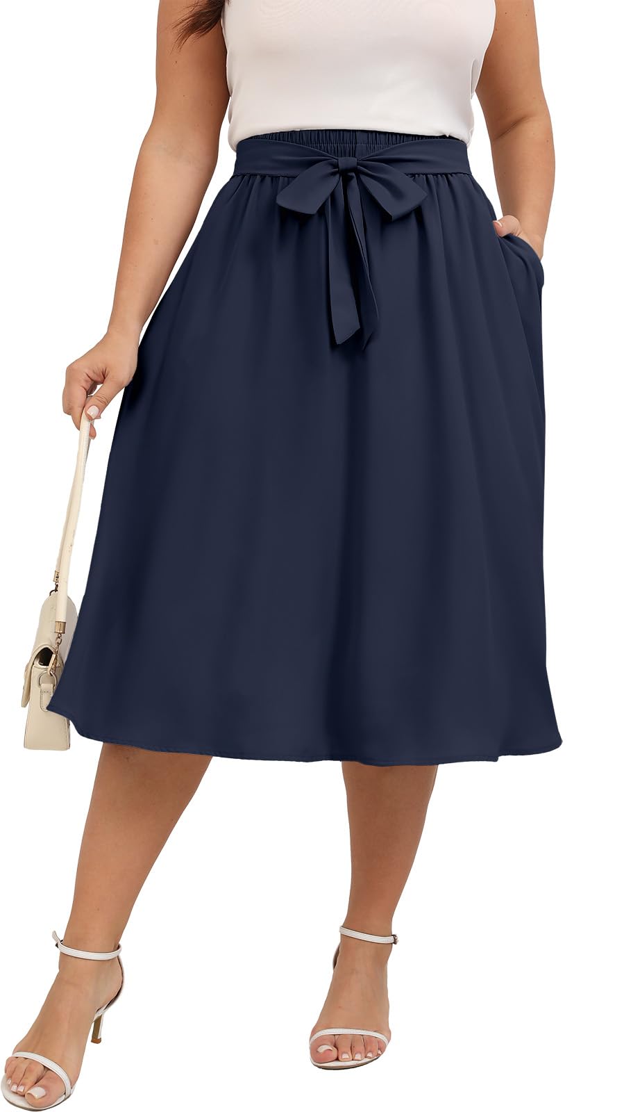 Xpenyo Womens Plus Size Midi Skirts Summer Elastic High Waisted Boho Casual Beach Flowy Swing Knee Length Skirts with Pockets