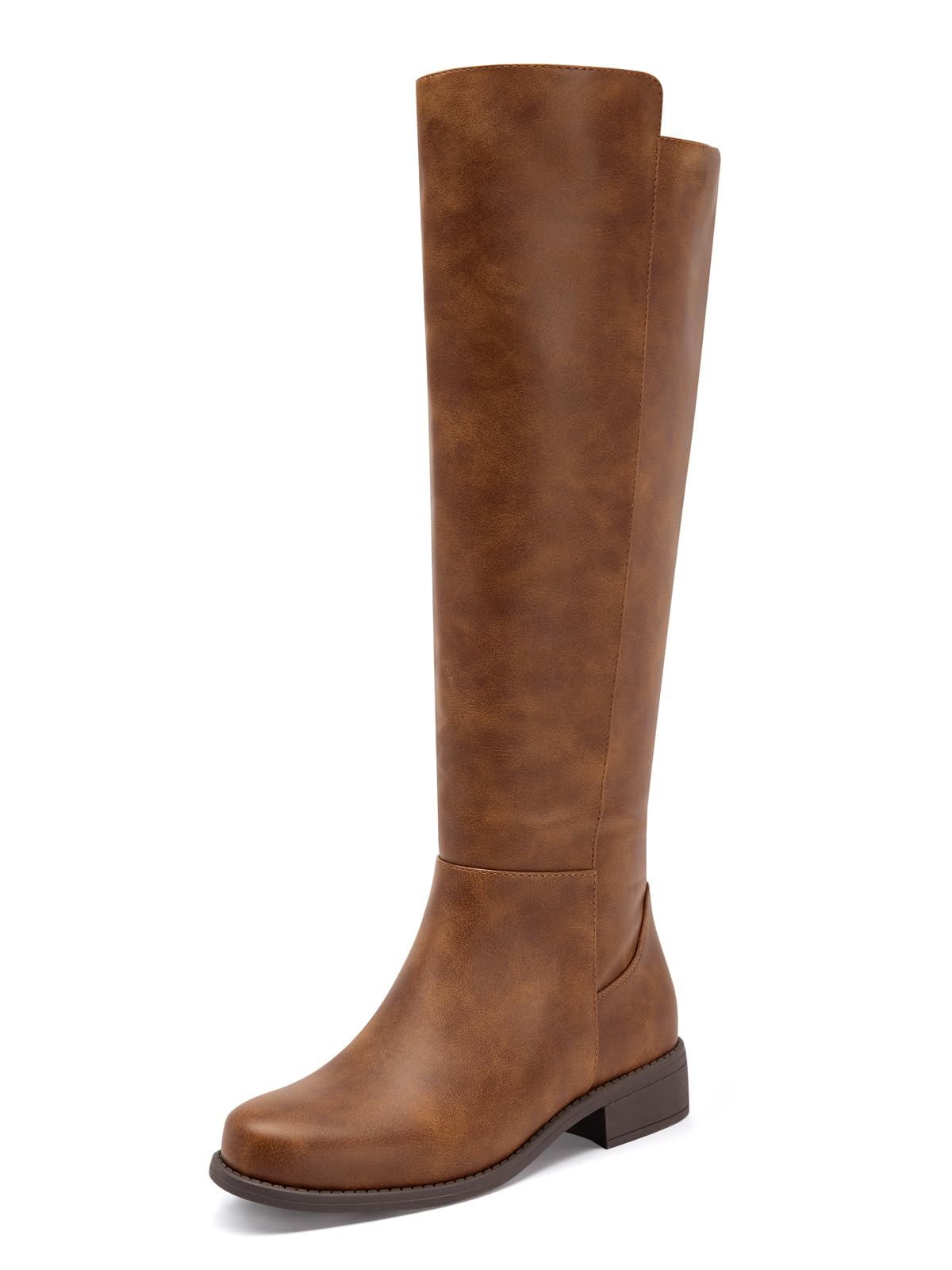 Coutgo Knee High Boots Women Flat Low Heel Round Toe Zip Riding Tall Boots