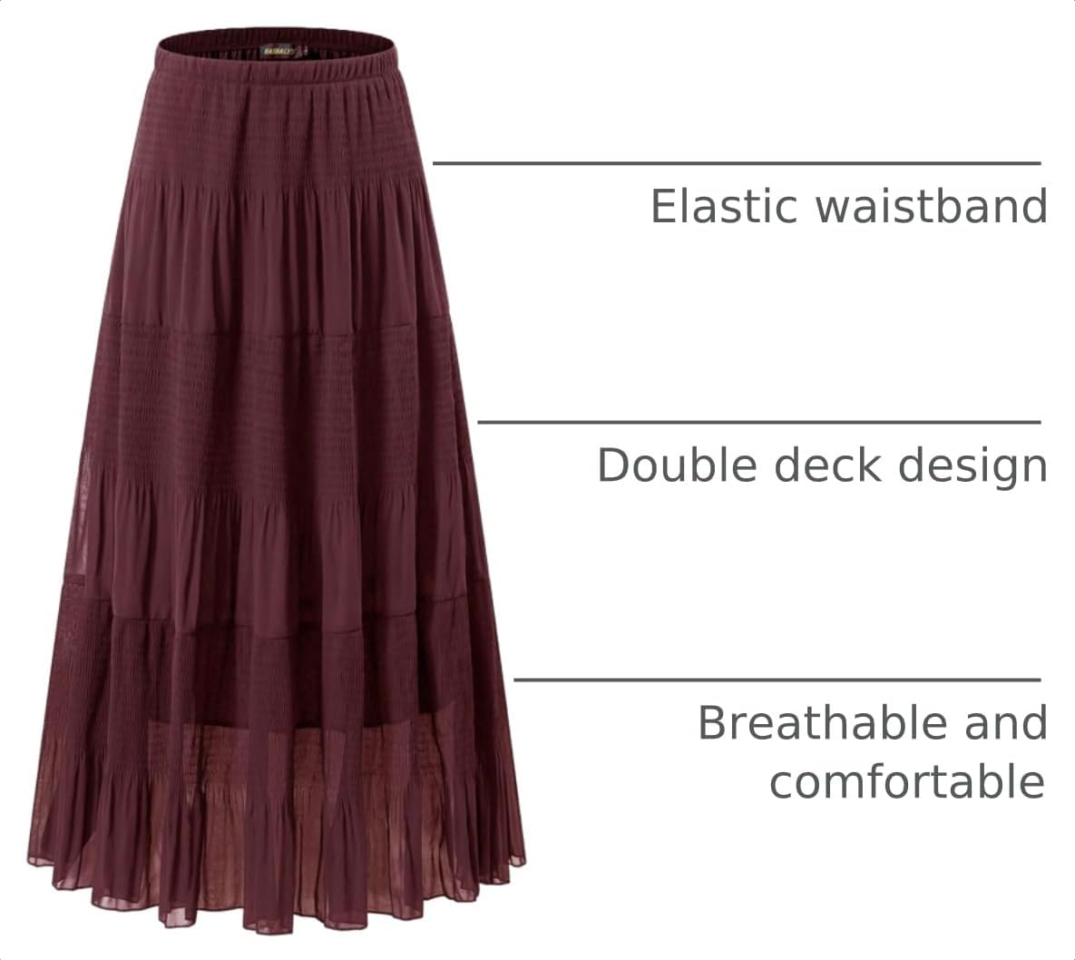 NASHALYLY Women's Chiffon Elastic High Waist Pleated A-Line Maxi Skirts