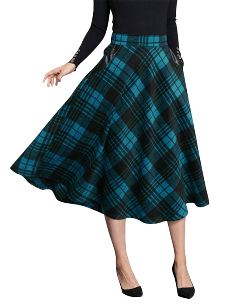 IDEALSANXUN Womens Plaid Wool Skirts Elastic Waist A-Line Pleated Tartan Long Skirts
