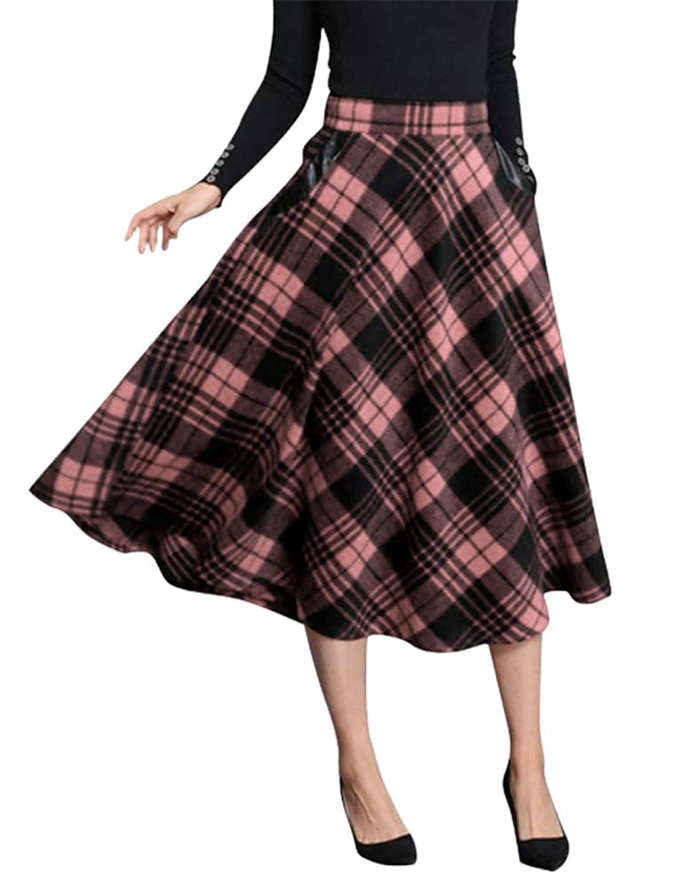 IDEALSANXUN Womens Plaid Wool Skirts Elastic Waist A-Line Pleated Tartan Long Skirts