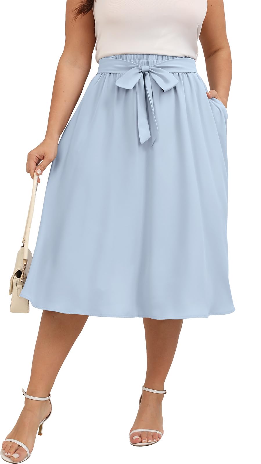 Xpenyo Womens Plus Size Midi Skirts Summer Elastic High Waisted Boho Casual Beach Flowy Swing Knee Length Skirts with Pockets