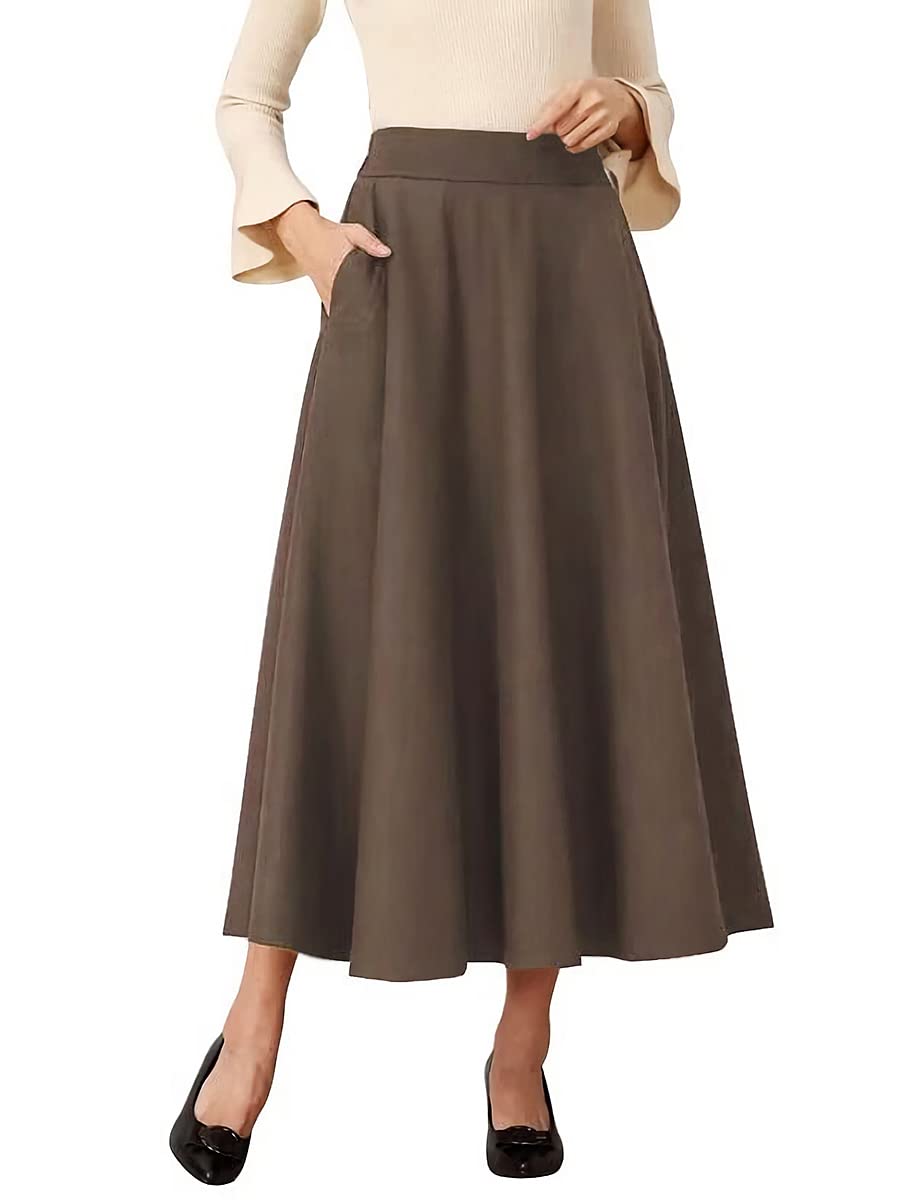 IDEALSANXUN Womens Plaid Wool Skirts Elastic Waist A-Line Pleated Tartan Long Skirts
