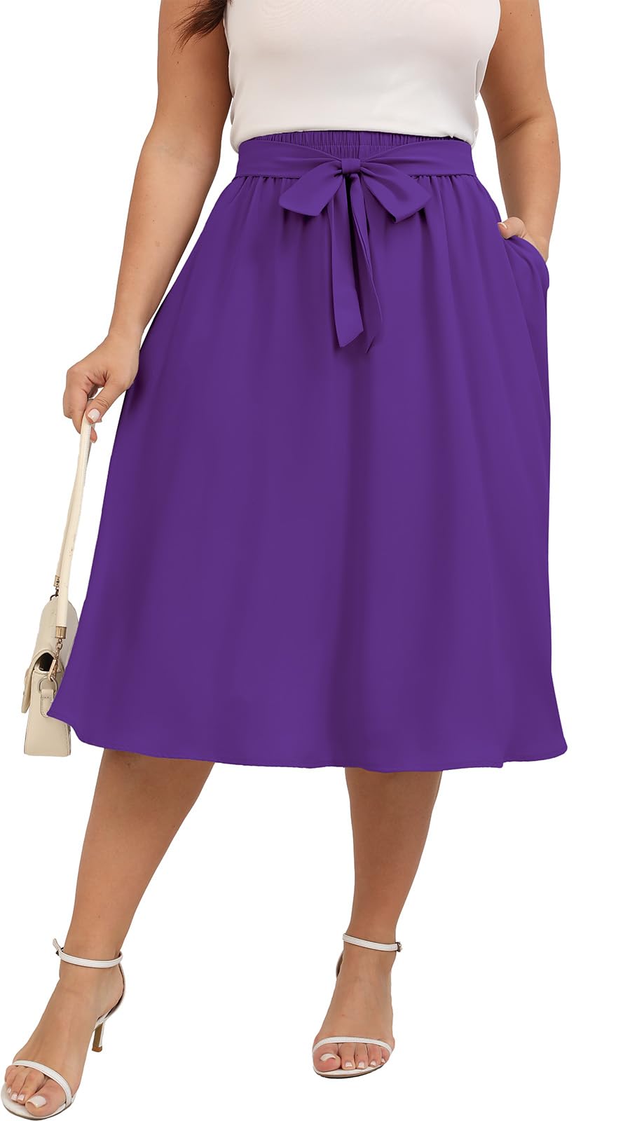 Xpenyo Womens Plus Size Midi Skirts Summer Elastic High Waisted Boho Casual Beach Flowy Swing Knee Length Skirts with Pockets