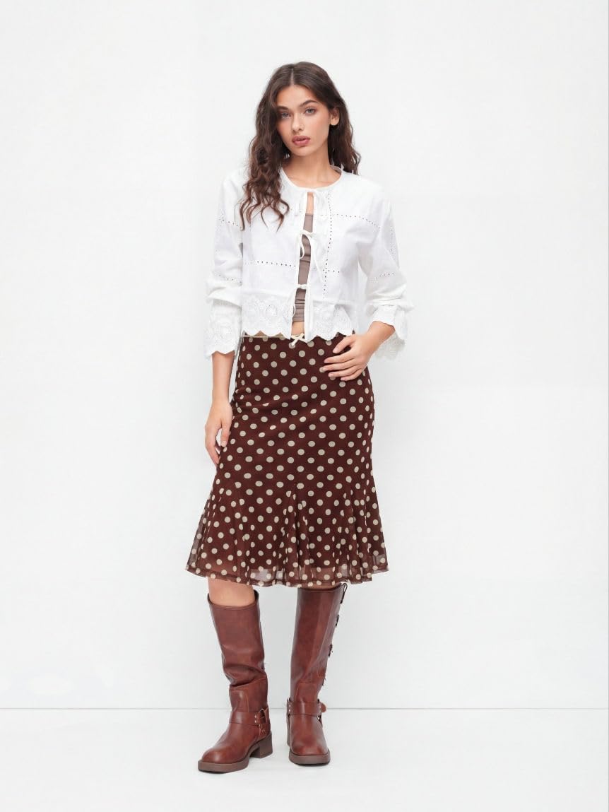 CIDER Womens Polka Dot Midi Skirt Bowknot Sheer Mesh Trendy Skirt