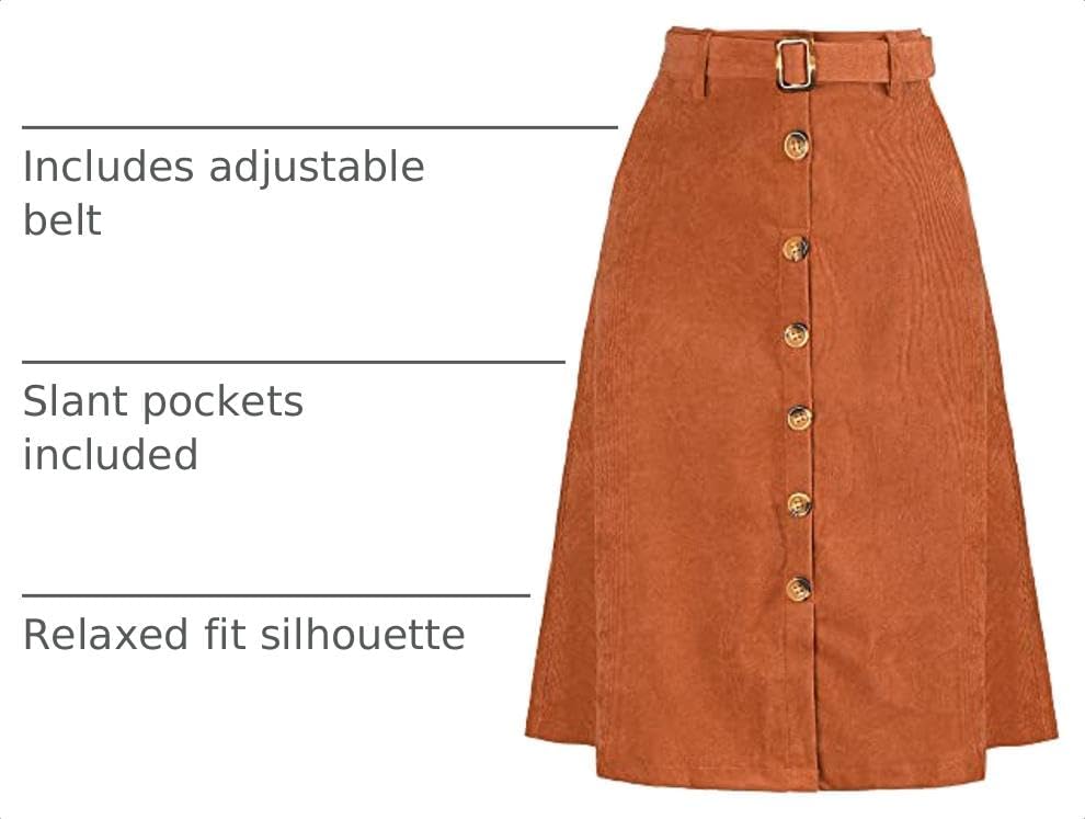 Allegra K Women's Button Front High Waist A-Line Belted Corduroy Midi Skirt