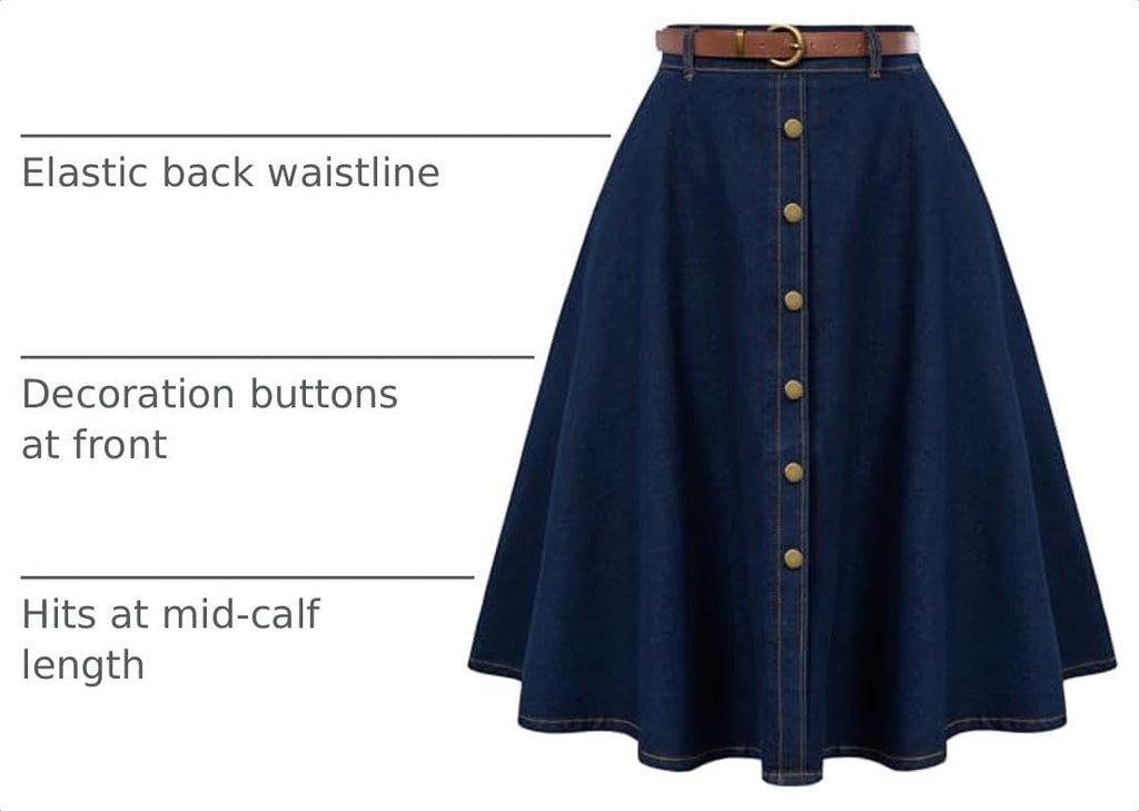 Belle Poque Women's Denim Skirts Vintage Below Knee Length High Waist A-Line Jean Skirts with Pockets
