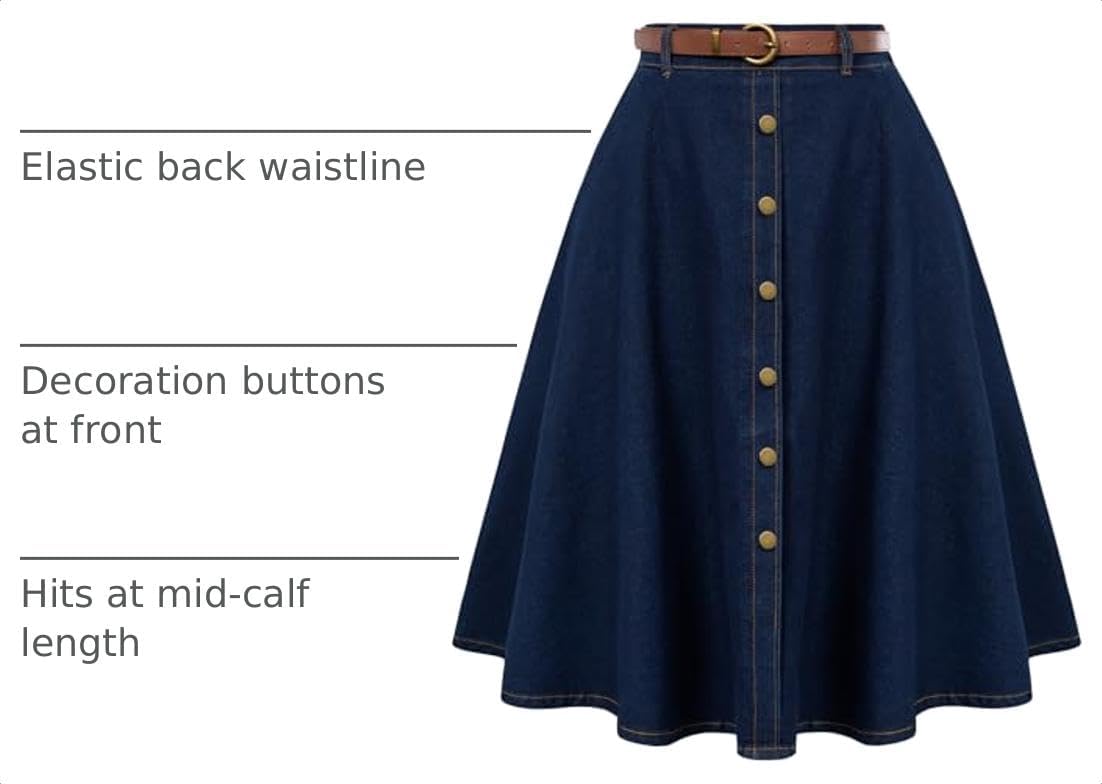 Belle Poque Women's Denim Skirts Vintage Below Knee Length High Waist A-Line Jean Skirts with Pockets