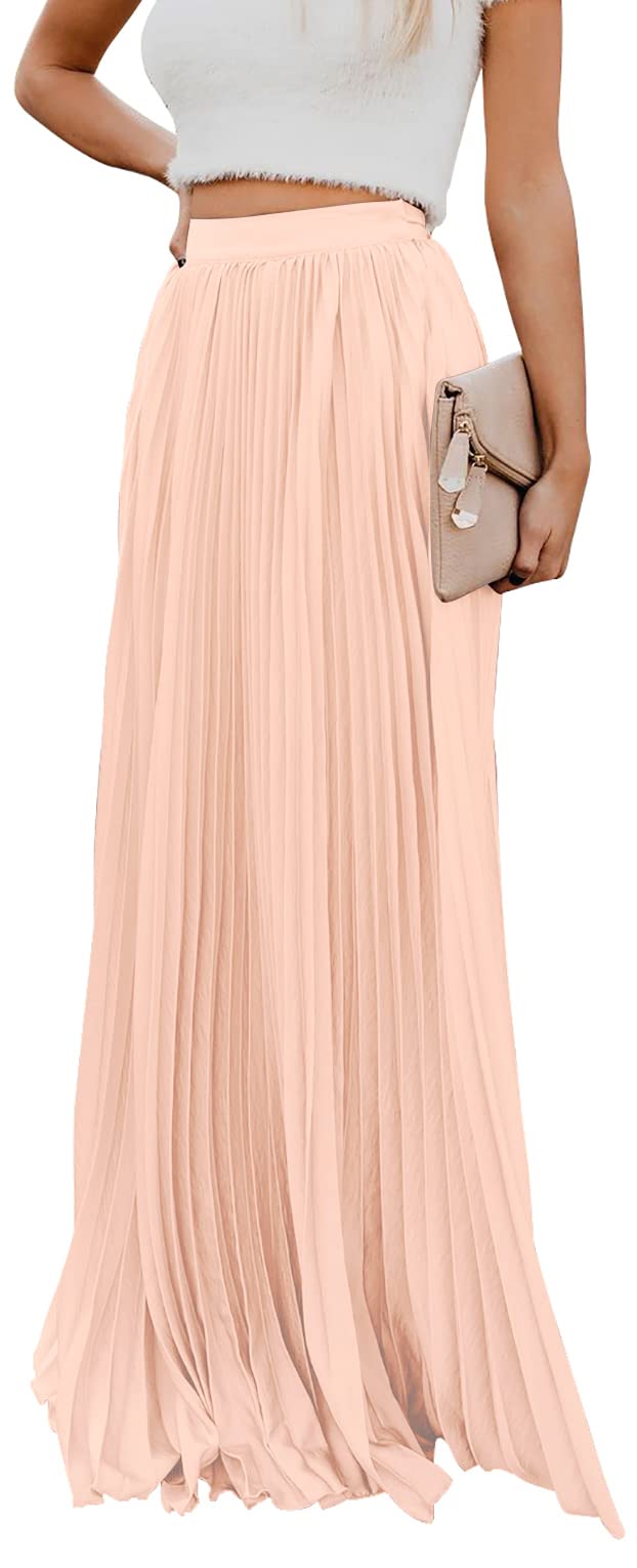 ebossy Women's High Waist Flowy Pleated Chiffon Maxi Skirt