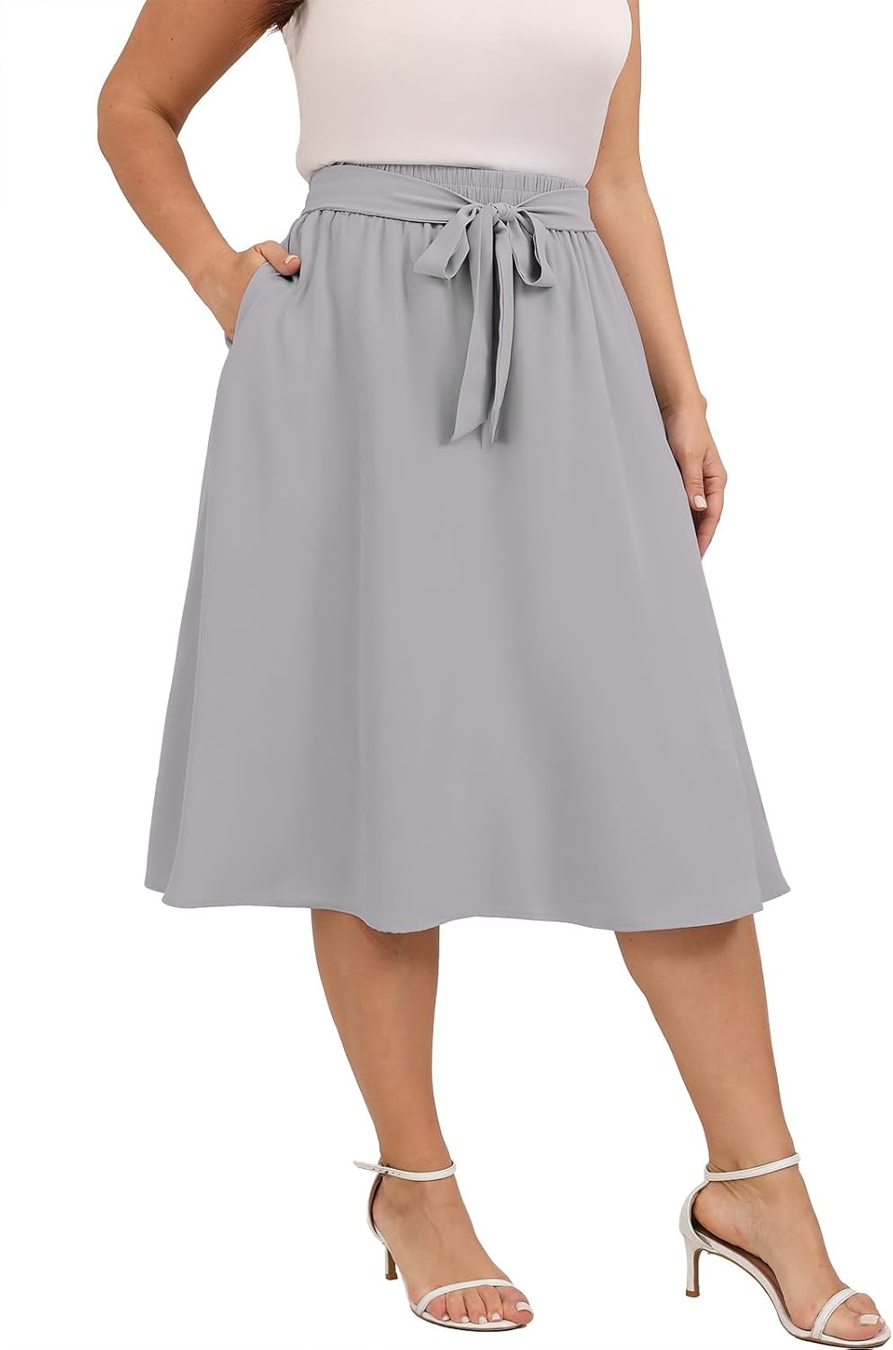 Xpenyo Womens Plus Size Midi Skirts Summer Elastic High Waisted Boho Casual Beach Flowy Swing Knee Length Skirts with Pockets
