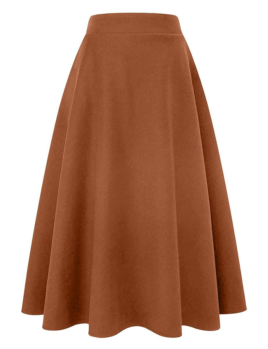 IDEALSANXUN Womens Plaid Wool Skirts Elastic Waist A-Line Pleated Tartan Long Skirts