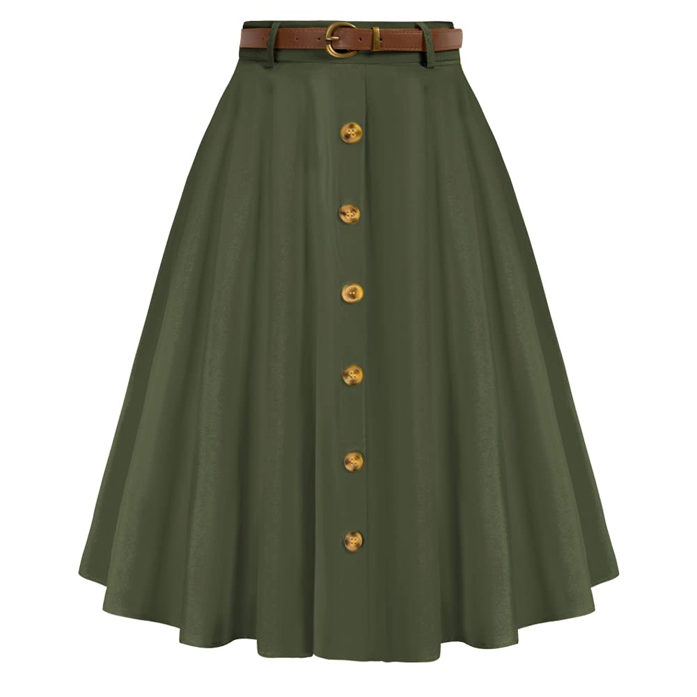 Belle Poque Women's Vintage Stretch High Waist A-Line Flared Midi Skirts with Pockets & Belts