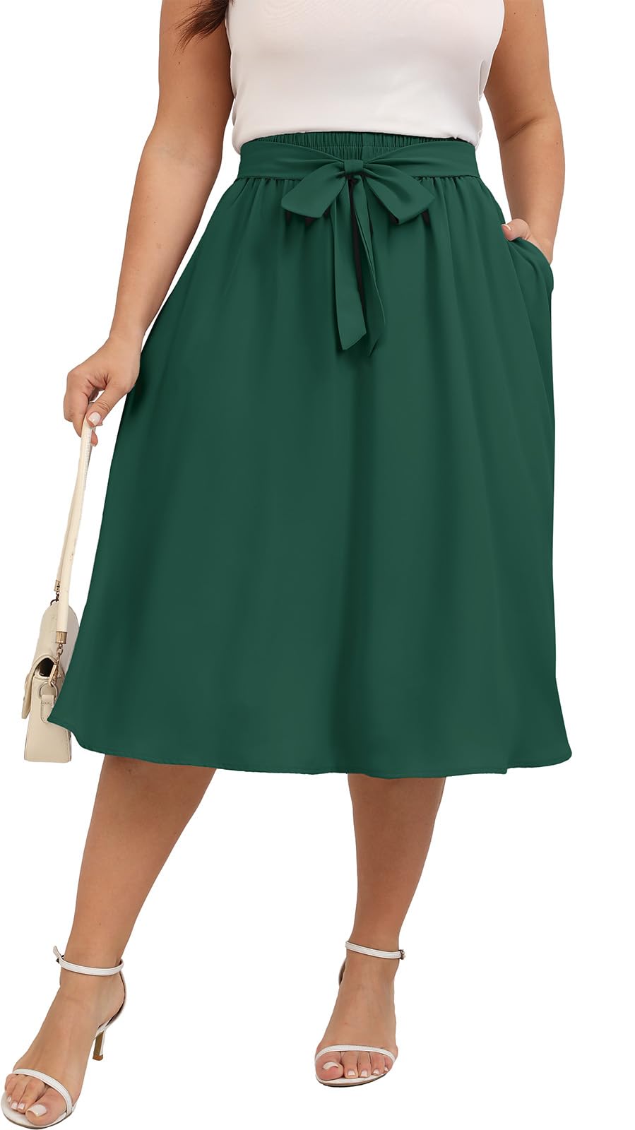 Xpenyo Womens Plus Size Midi Skirts Summer Elastic High Waisted Boho Casual Beach Flowy Swing Knee Length Skirts with Pockets