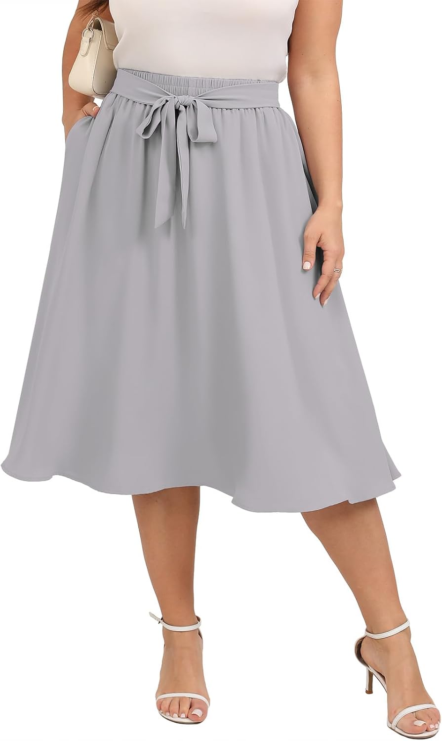 Xpenyo Womens Plus Size Midi Skirts Summer Elastic High Waisted Boho Casual Beach Flowy Swing Knee Length Skirts with Pockets