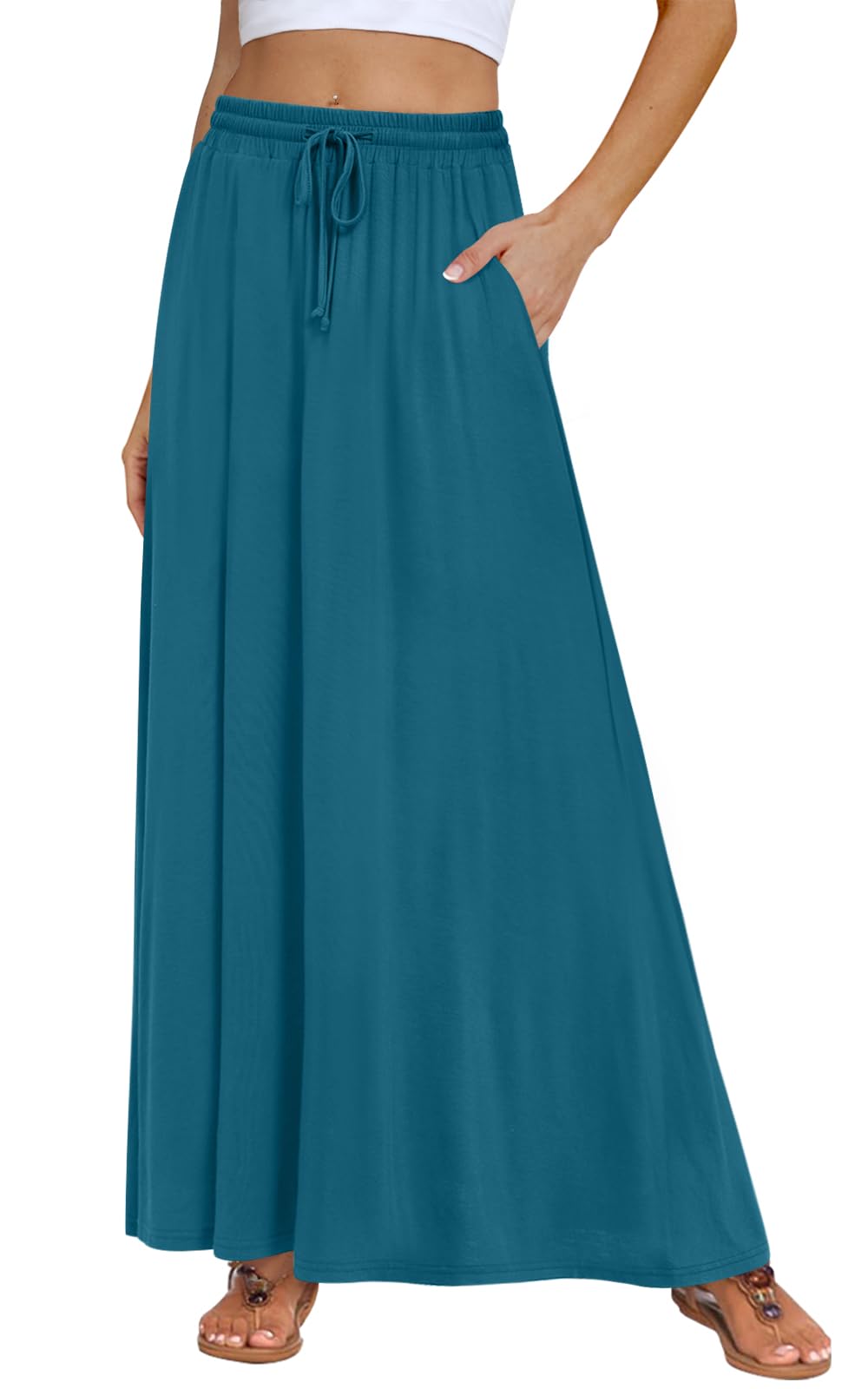 DB MOON Womens Maxi Skirt 2026 Casual Flowy Elastic High Waist Long Skirts with Pockets