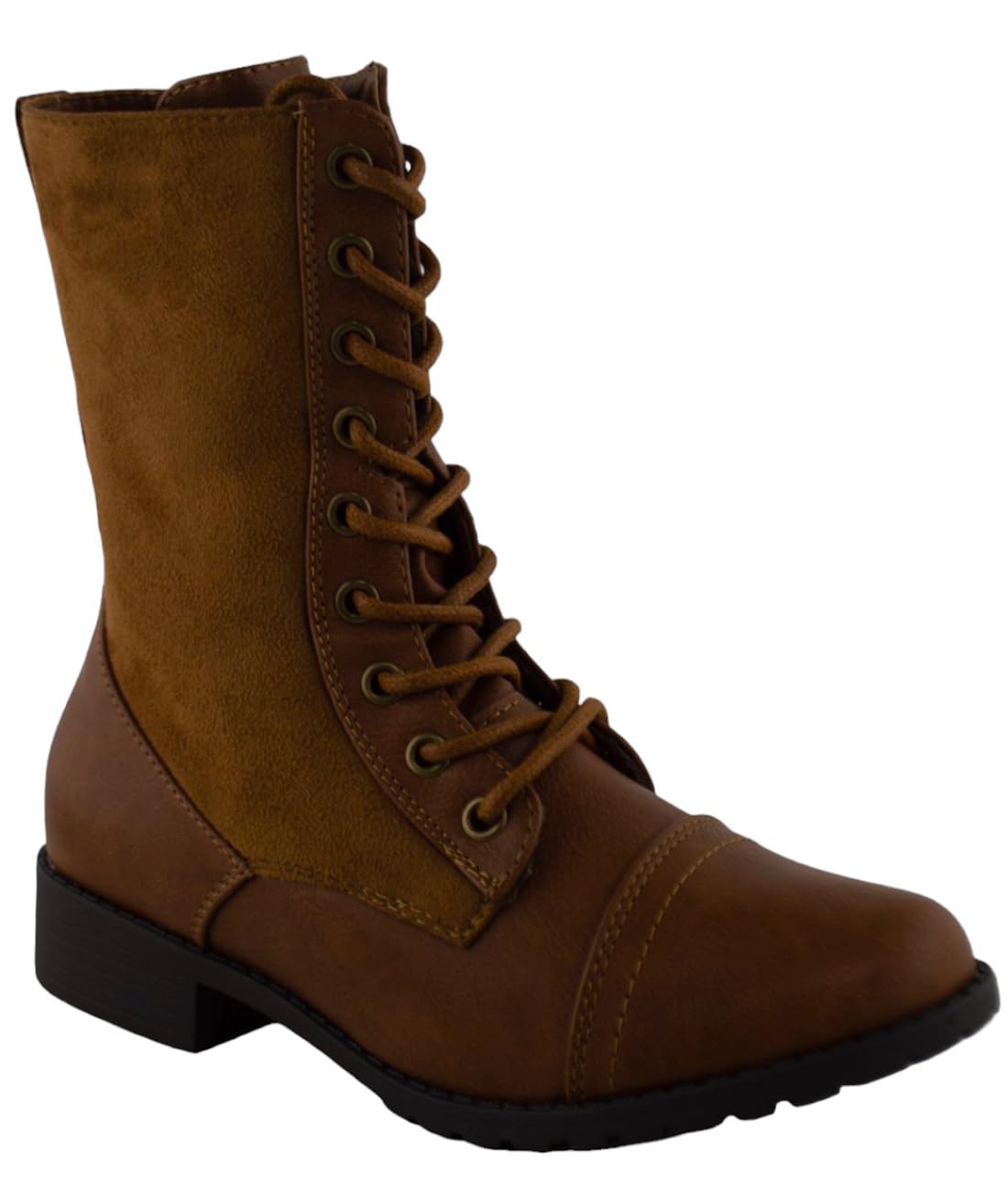 Forever Link Womens Round Toe Military Lace Up Knit Ankle Cuff Low Heel Combat Boots