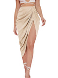 WDIRARA Women's Split Front Satin Skirts High Waist Ruched Wrap Skirt