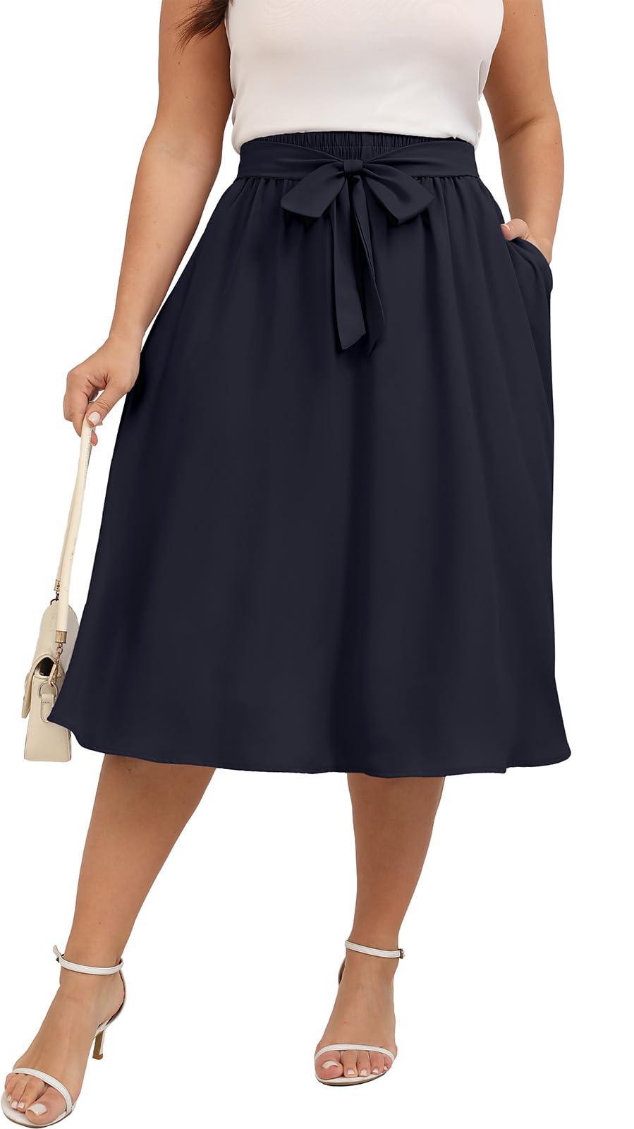 Xpenyo Womens Plus Size Midi Skirts Summer Elastic High Waisted Boho Casual Beach Flowy Swing Knee Length Skirts with Pockets
