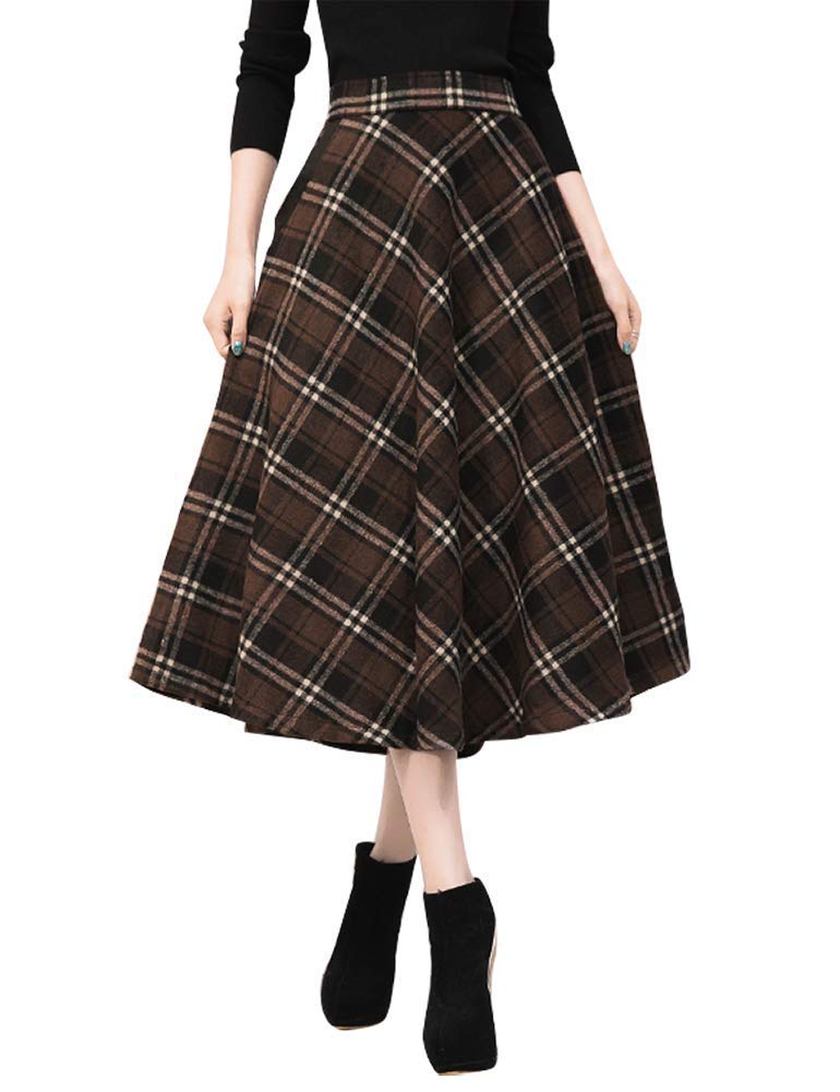 IDEALSANXUN Womens Plaid Wool Skirts Elastic Waist A-Line Pleated Tartan Long Skirts