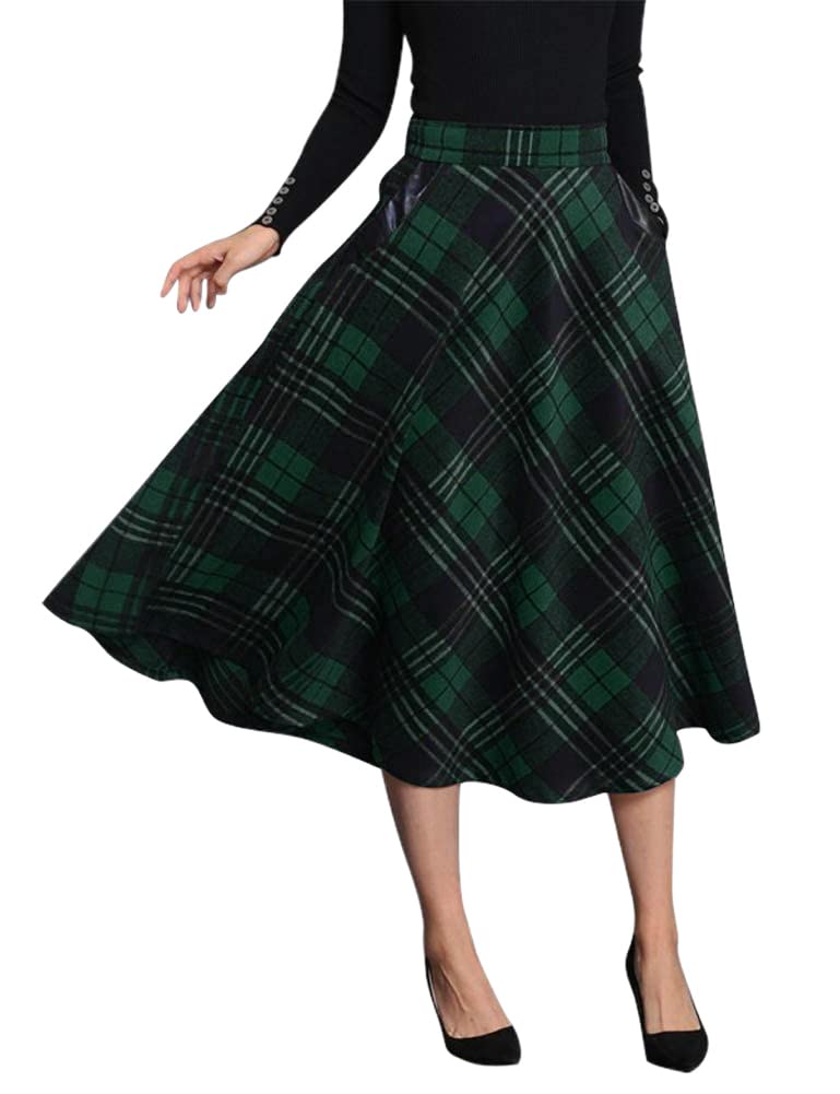 IDEALSANXUN Womens Plaid Wool Skirts Elastic Waist A-Line Pleated Tartan Long Skirts