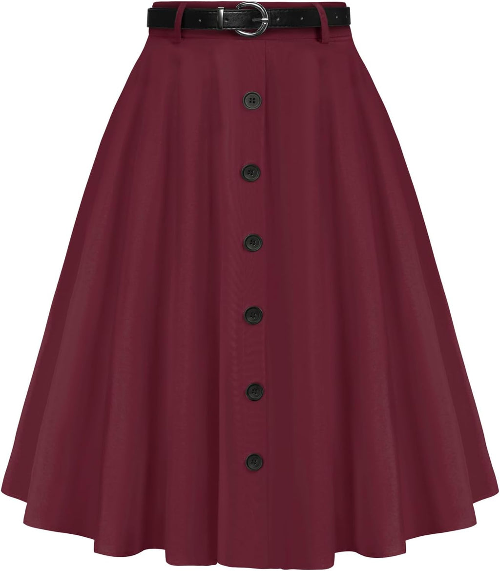 Belle Poque Women's Vintage Stretch High Waist A-Line Flared Midi Skirts with Pockets & Belts