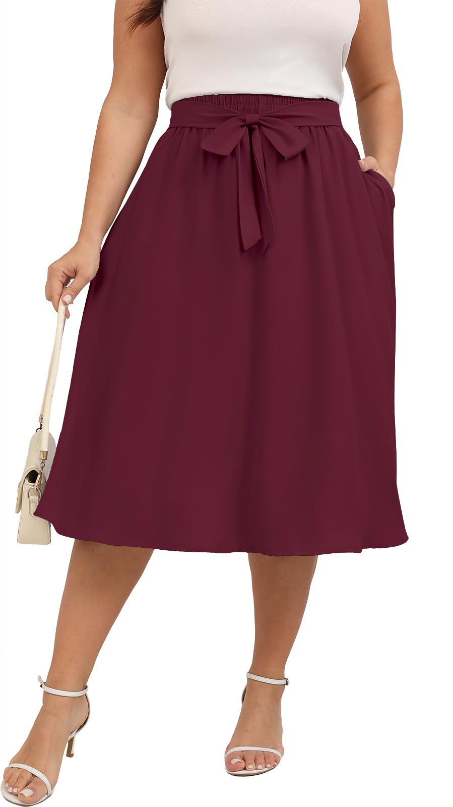 Xpenyo Womens Plus Size Midi Skirts Summer Elastic High Waisted Boho Casual Beach Flowy Swing Knee Length Skirts with Pockets