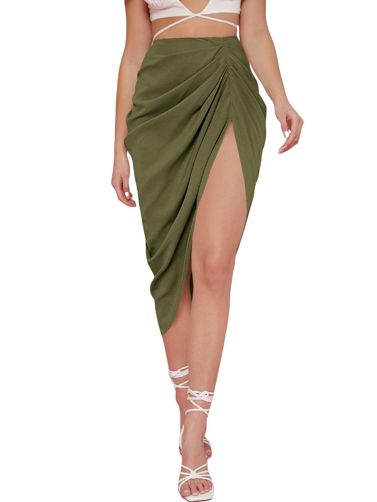 WDIRARA Women's Split Front Satin Skirts High Waist Ruched Wrap Skirt