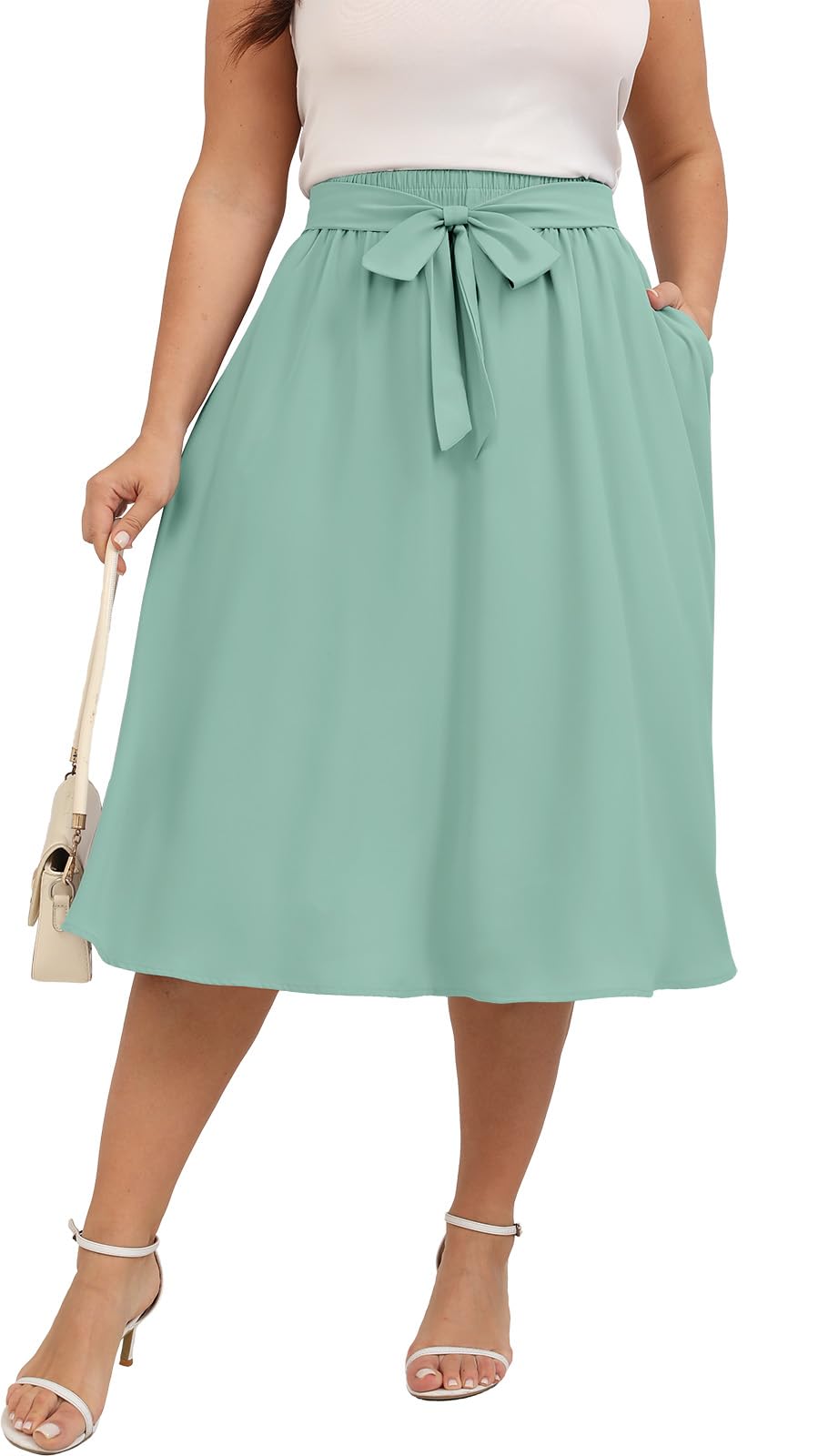 Xpenyo Womens Plus Size Midi Skirts Summer Elastic High Waisted Boho Casual Beach Flowy Swing Knee Length Skirts with Pockets