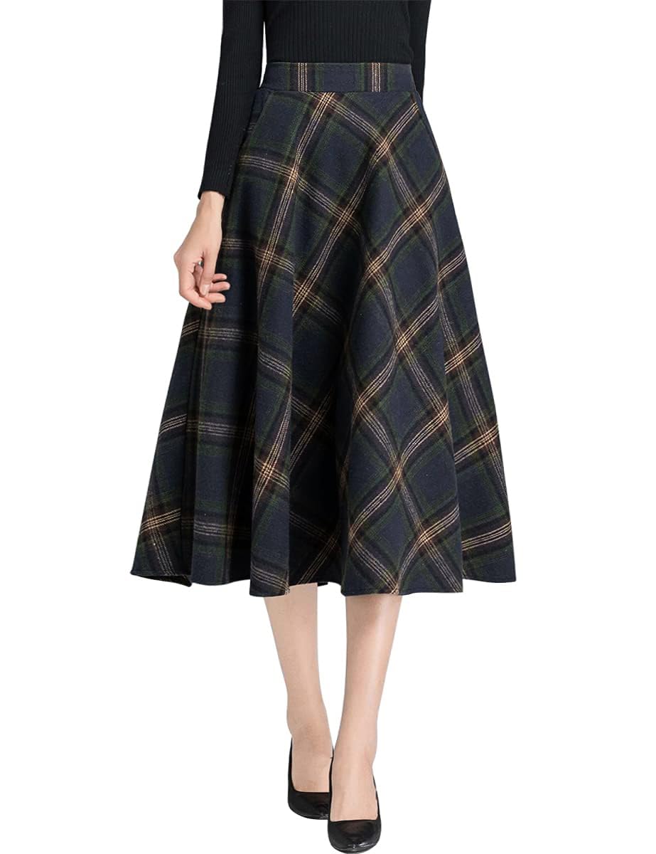 IDEALSANXUN Womens Plaid Wool Skirts Elastic Waist A-Line Pleated Tartan Long Skirts