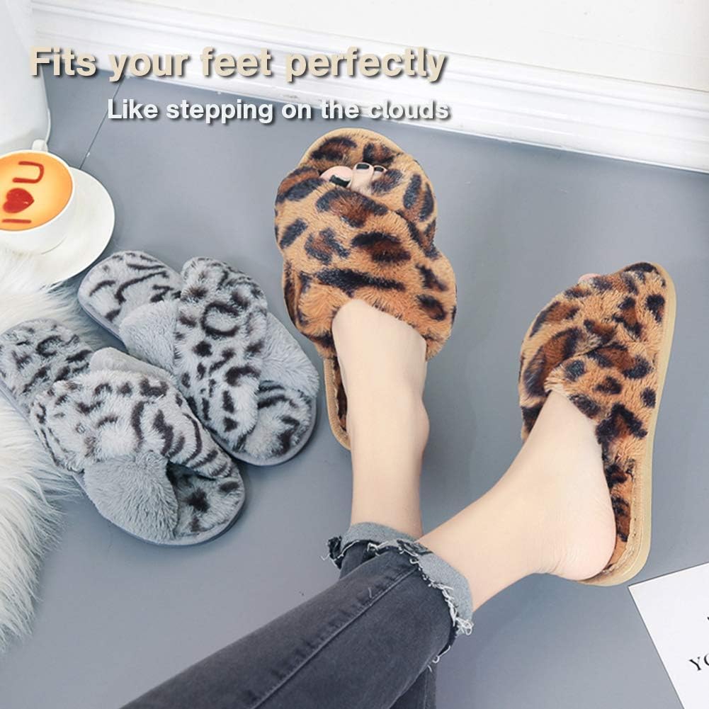 LZLER Women’s Cross Band Slippers, Soft Plush Fleece Lightweight Non Slip Open Toe Flip Flop Shoes House Indoor Outdoor Fur Fuzzy Slippers