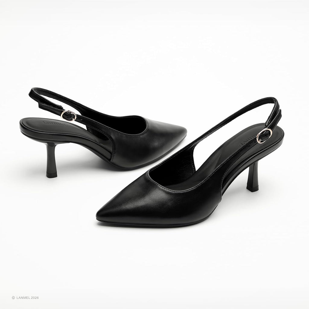 LANMEL Women's Slingback Kitten HeelsPointed Closed Toe Pumps Shoes Black