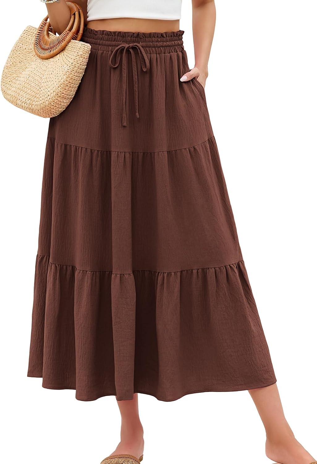 HUSKARY Women's Summer Long Maxi Flowy Tiered High Waist Trendy Ruffle Skirt with Pockets