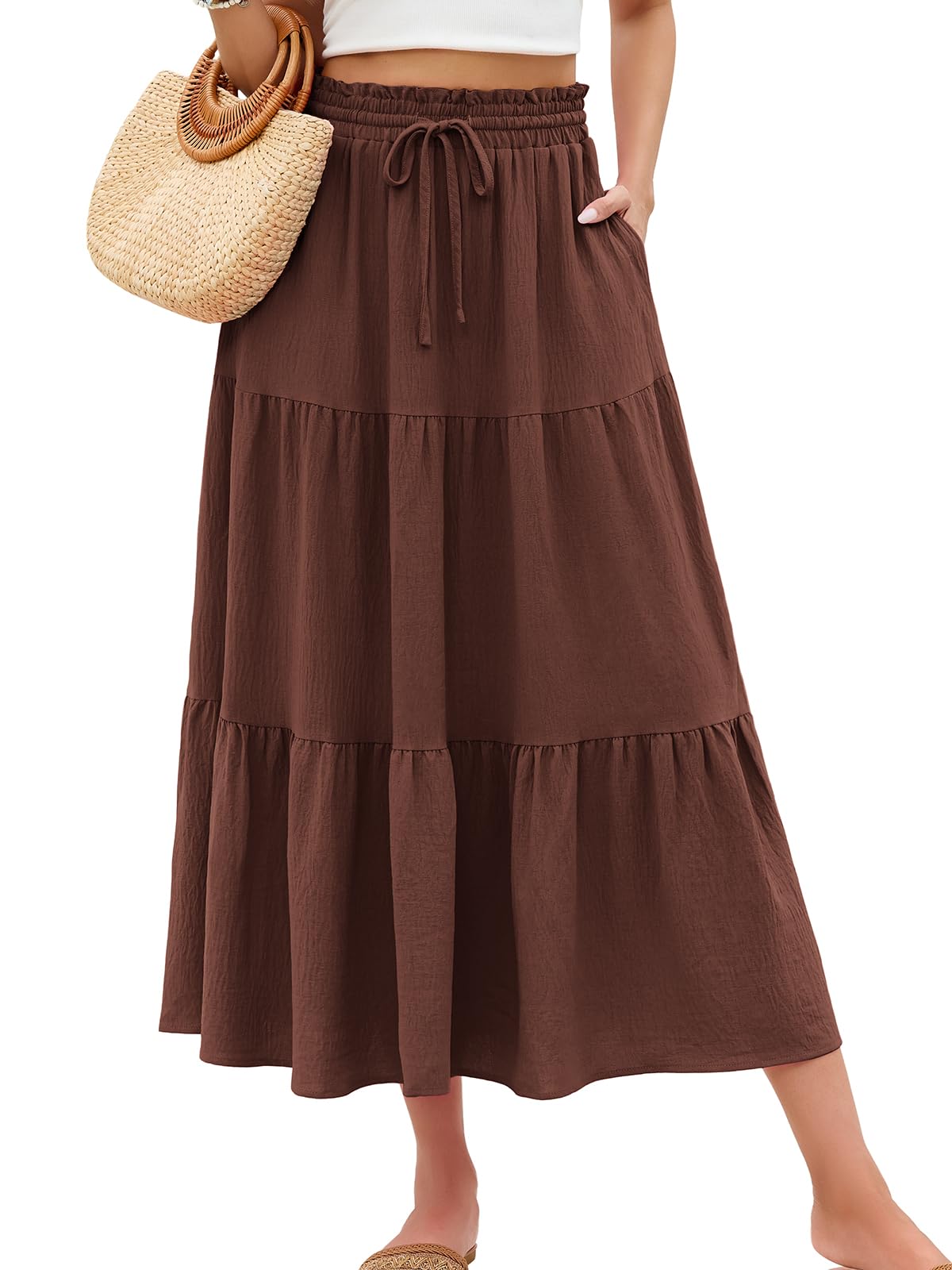 HUSKARY Women's Summer Long Maxi Flowy Tiered High Waist Trendy Ruffle Skirt with Pockets