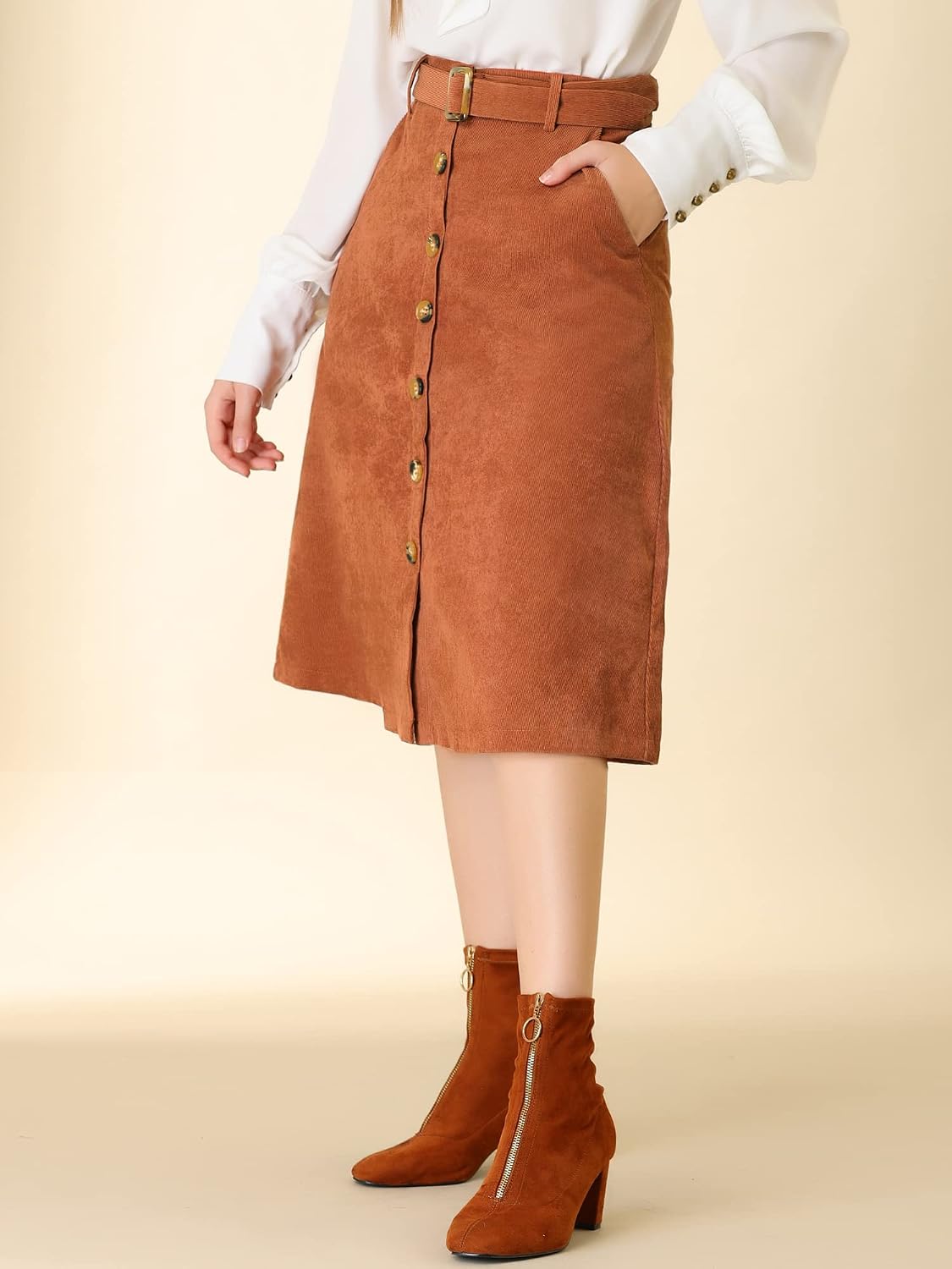 Allegra K Women's Button Front High Waist A-Line Belted Corduroy Midi Skirt