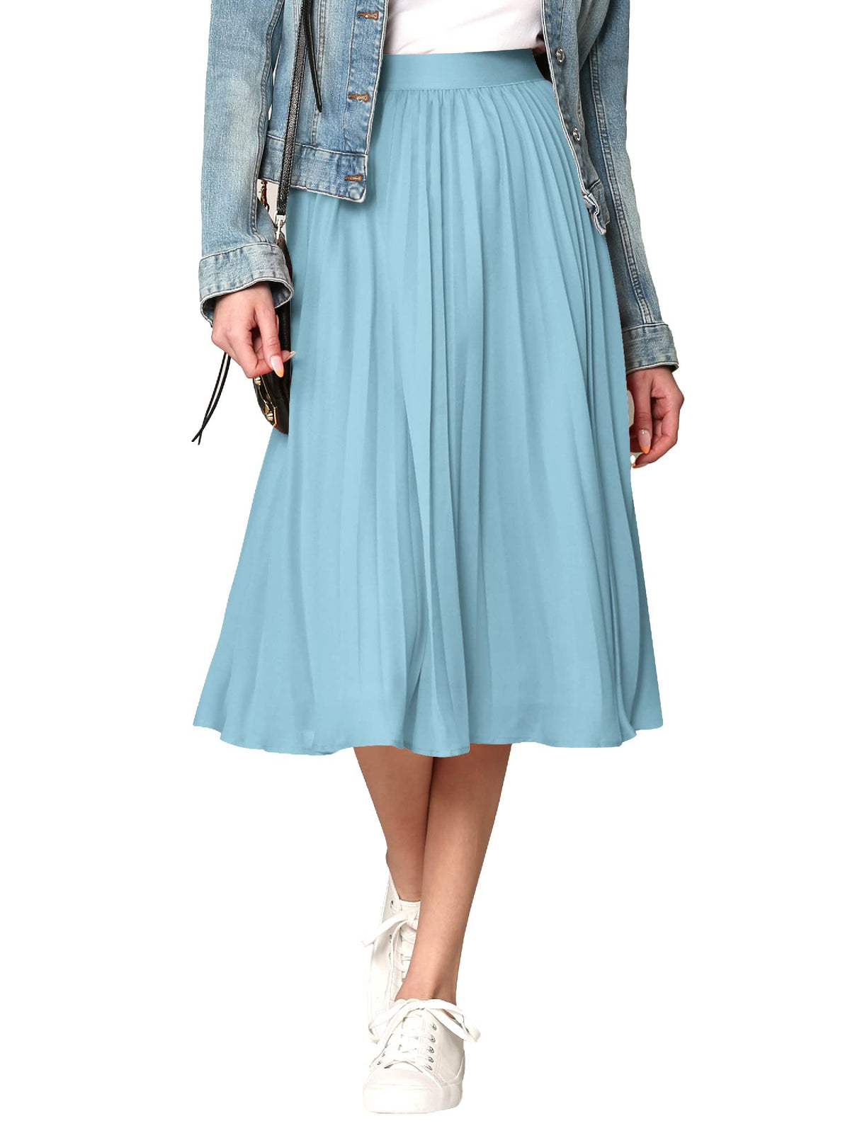 Made By Johnny Women's High Elastic Waist Pleated Mid A-Line Swing Skirt