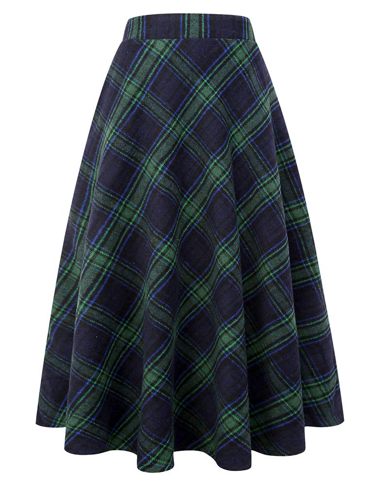 IDEALSANXUN Womens Plaid Wool Skirts Elastic Waist A-Line Pleated Tartan Long Skirts