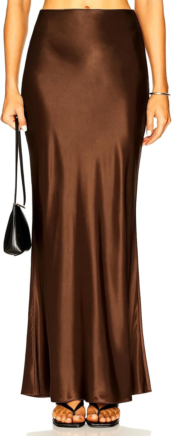 Women's Satin Silk Maxi Skirt Polka Dots High Elastic Waisted Flowy Silk Long Skirts for Women