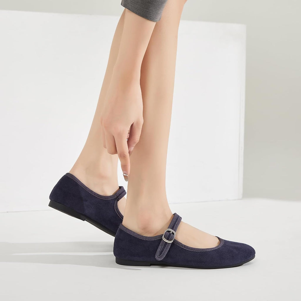 Womens Mary Jane Flats with strap,Faux Suede Black Flats,Casual Dressy Flat